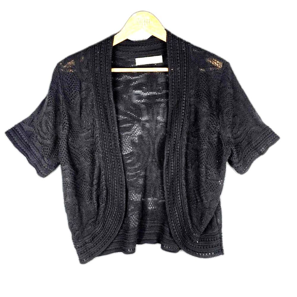 Faded Glory Black Open Knit Cropped Cardigan XL 16 18 Romantic Gothic Shrug